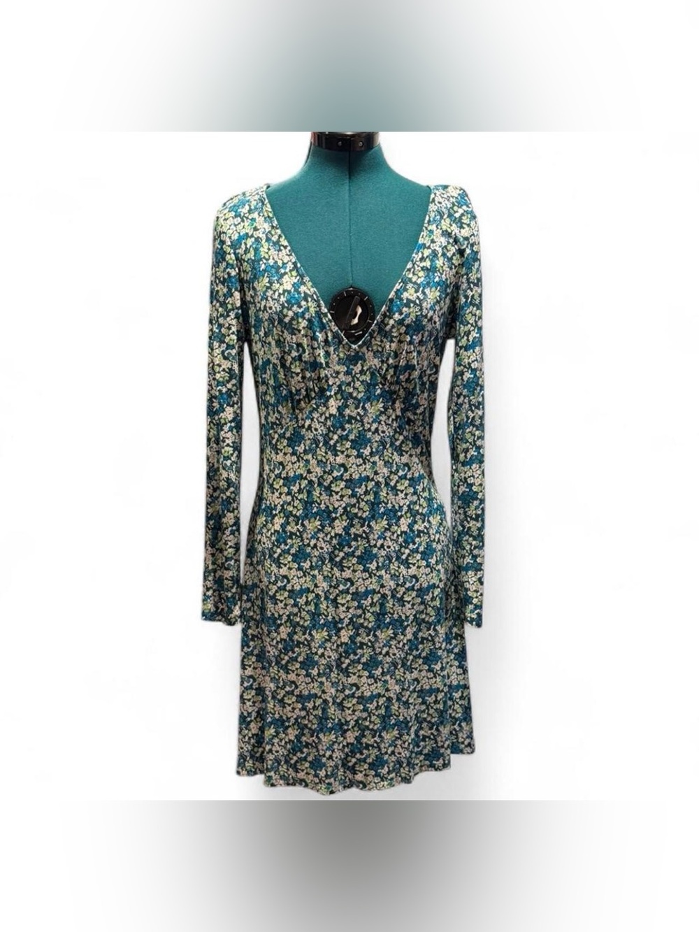 bp Teal Floral Long-Sleeve V-Neck Dress